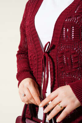 Kabartma Desenli Bağcıklı Triko Hırka Bordo - Triko Hırka