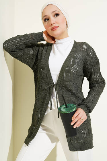 Kabartma Desenli Bağcıklı Triko Hırka Haki - Hırka