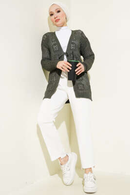 Kabartma Desenli Bağcıklı Triko Hırka Haki - Triko Hırka
