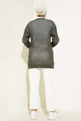 Kabartma Desenli Bağcıklı Triko Hırka Haki - Triko Hırka