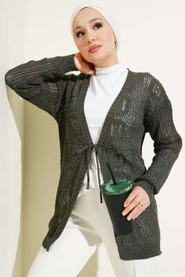 Kabartma Desenli Bağcıklı Triko Hırka Haki 