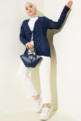 Kabartma Desenli Bağcıklı Triko Hırka Lacivert - Triko Hırka