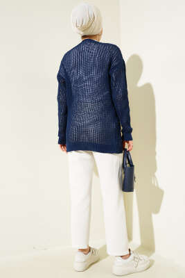 Kabartma Desenli Bağcıklı Triko Hırka Lacivert - Triko Hırka