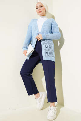 Kabartma Desenli Bağcıklı Triko Hırka Mavi - Triko Hırka