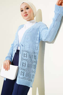 Kabartma Desenli Bağcıklı Triko Hırka Mavi 