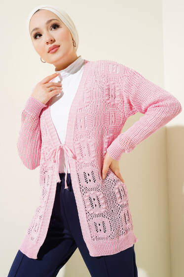 Kabartma Desenli Bağcıklı Triko Hırka Pembe - Hırka