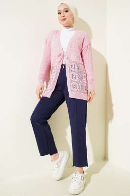 Kabartma Desenli Bağcıklı Triko Hırka Pembe - Triko Hırka