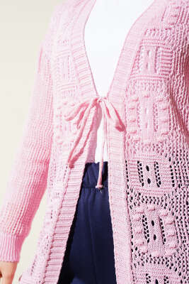 Kabartma Desenli Bağcıklı Triko Hırka Pembe - Triko Hırka