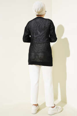 Kabartma Desenli Bağcıklı Triko Hırka Siyah - Triko Hırka