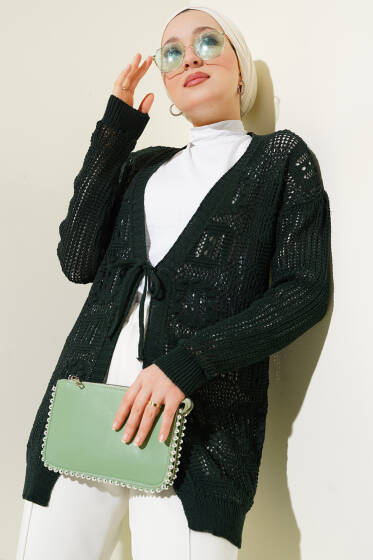 Kabartma Desenli Bağcıklı Triko Hırka Zümrüt - Hırka