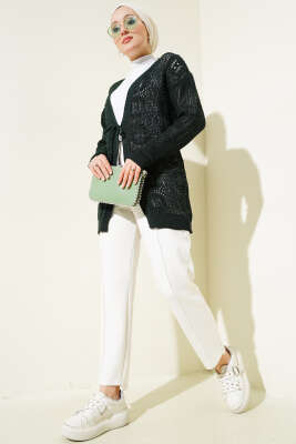 Kabartma Desenli Bağcıklı Triko Hırka Zümrüt - Triko Hırka