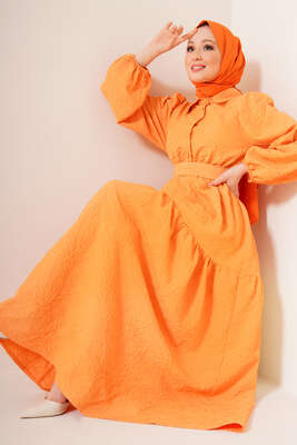 Kabartma Desenli Düğmeli Elbise Oranj 