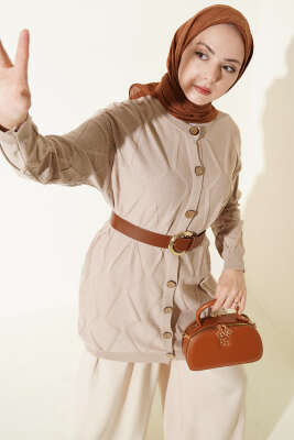 Kabartma Desenli Düğmeli Triko Hırka Bej - RAFİMİX