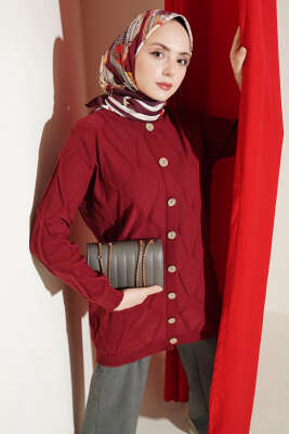 Kabartma Desenli Düğmeli Triko Hırka Bordo - RAFİMİX