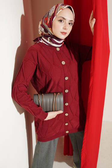 Kabartma Desenli Düğmeli Triko Hırka Bordo - Hırka