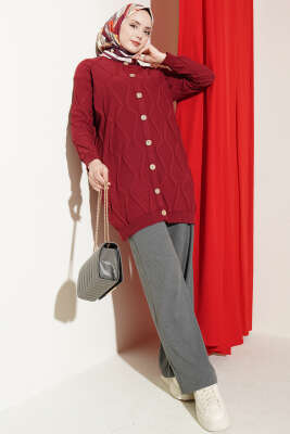 Kabartma Desenli Düğmeli Triko Hırka Bordo - Hırka