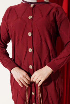 Kabartma Desenli Düğmeli Triko Hırka Bordo - Hırka