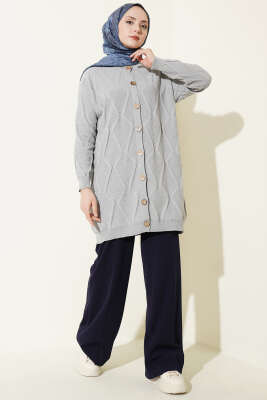 Kabartma Desenli Düğmeli Triko Hırka Gri - Hırka