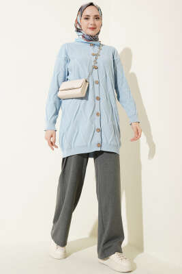 Kabartma Desenli Düğmeli Triko Hırka Mavi - Hırka