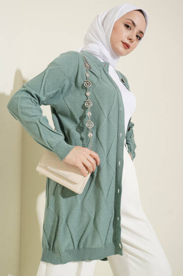 Kabartma Desenli Düğmeli Triko Hırka Mint - Hırka