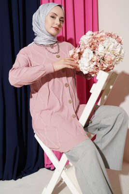 Kabartma Desenli Düğmeli Triko Hırka Pudra - RAFİMİX