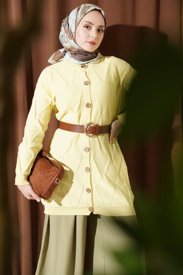 Kabartma Desenli Düğmeli Triko Hırka Sarı - Hırka