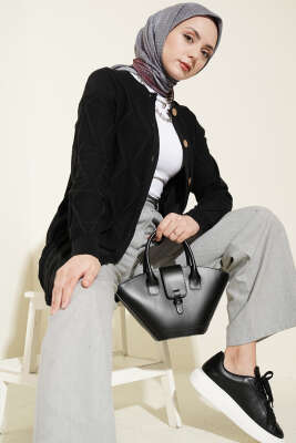 Kabartma Desenli Düğmeli Triko Hırka Siyah - RAFİMİX