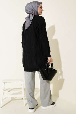 Kabartma Desenli Düğmeli Triko Hırka Siyah - Hırka