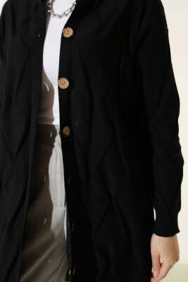 Kabartma Desenli Düğmeli Triko Hırka Siyah - Hırka