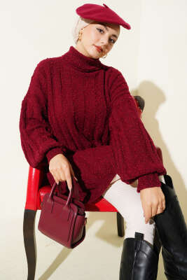 Kabartma Desenli Fitilli Triko Tunik Bordo - RAFİMİX