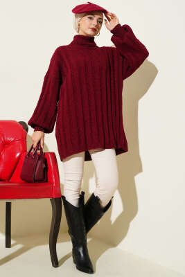 Kabartma Desenli Fitilli Triko Tunik Bordo - Tunik