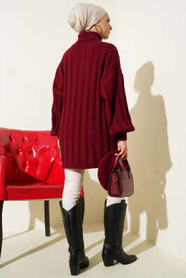 Kabartma Desenli Fitilli Triko Tunik Bordo - Tunik