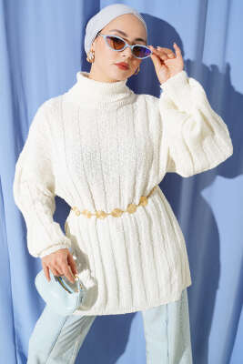 Kabartma Desenli Fitilli Triko Tunik Ekru - RAFİMİX