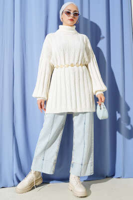 Kabartma Desenli Fitilli Triko Tunik Ekru - Tunik