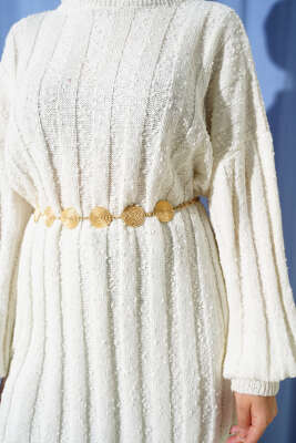 Kabartma Desenli Fitilli Triko Tunik Ekru - Tunik