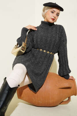 Kabartma Desenli Fitilli Triko Tunik Füme - RAFİMİX