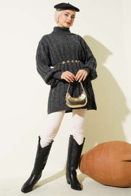 Kabartma Desenli Fitilli Triko Tunik Füme - Tunik