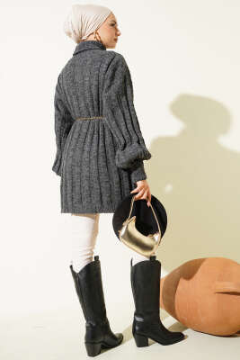 Kabartma Desenli Fitilli Triko Tunik Füme - Tunik