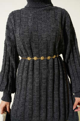 Kabartma Desenli Fitilli Triko Tunik Füme - Tunik