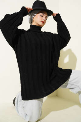 Kabartma Desenli Fitilli Triko Tunik Siyah - RAFİMİX