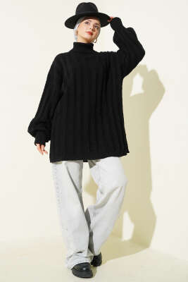 Kabartma Desenli Fitilli Triko Tunik Siyah - Tunik