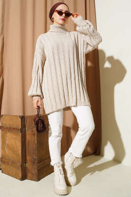 Kabartma Desenli Fitilli Triko Tunik Taş - Tunik