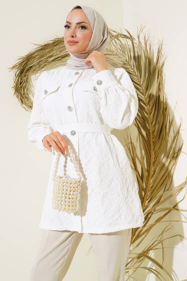 Kabartma Desenli Kuşaklı Gömlek Ekru - Gömlek
