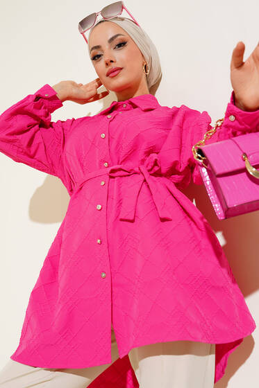 Kabartma Desenli Kuşaklı Tunik Fuşya - Tunik