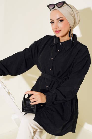 Kabartma Desenli Kuşaklı Tunik Siyah - Tunik