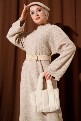 Kabartma Desenli Triko Elbise Bej - Elbise