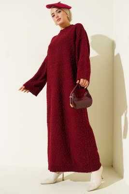 Kabartma Desenli Triko Elbise Bordo - RAFİMİX