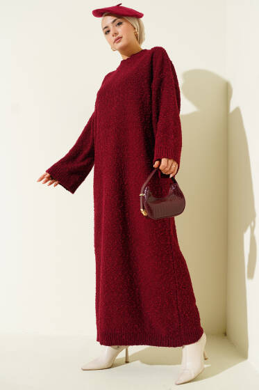 Kabartma Desenli Triko Elbise Bordo - Elbise