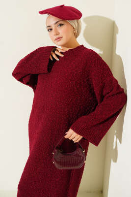 Kabartma Desenli Triko Elbise Bordo - Elbise