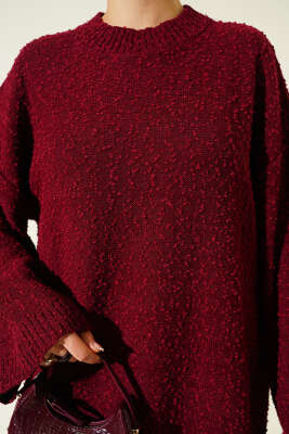 Kabartma Desenli Triko Elbise Bordo - Elbise